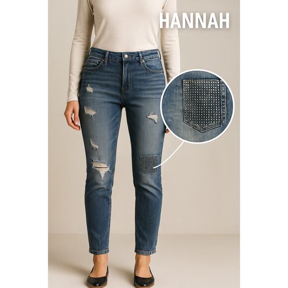 HANNAH Distressed Rhinestone Patch Jeans Sz 6 Mid Rise Straight Leg Blue Denim - Picture 2 of 12